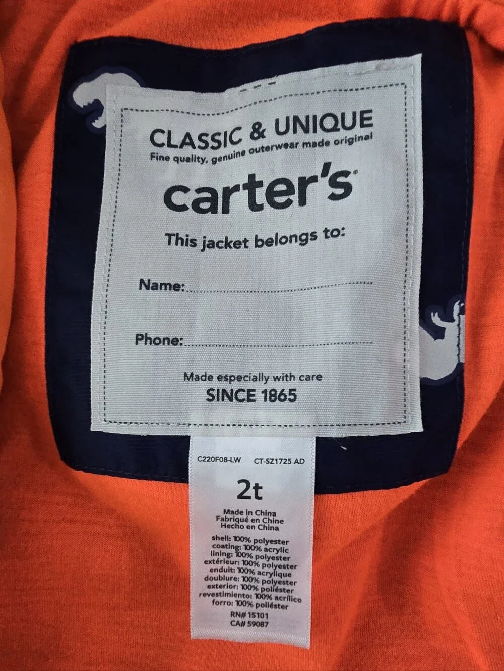 Carter's Navy Hooded Raincoat with Orange Lining and White Dino Print